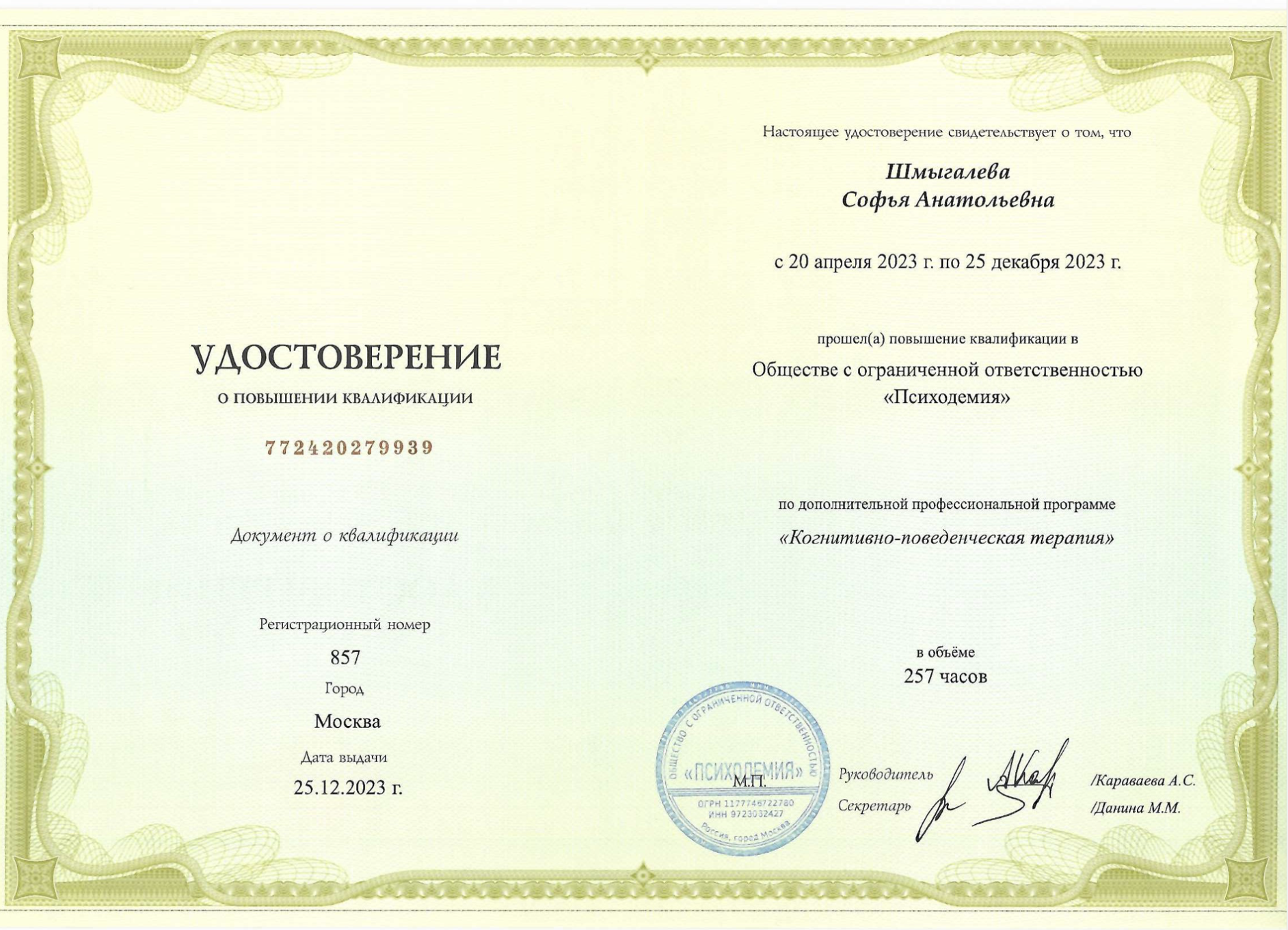 Сертификат — Когнитивно-поведенческая терапия, Психодемия